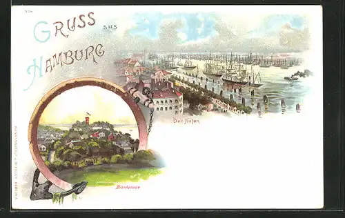 Lithographie Hamburg-Blankenese, Hafen, Ortspartie