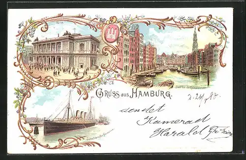 Lithographie Alt-Hamburg, Börse, Fleet bei der Reimersbrücke, Schnelldampfer Normannia