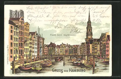 Lithographie Alt-Hamburg, Fleet beim Hopfenmarkt mit Kirche