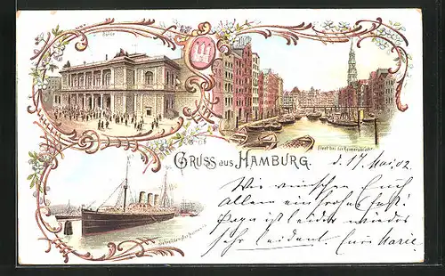 Lithographie Alt-Hamburg, Börse, Fleet bei der Reimersbrücke, Schnelldampfer Normannia