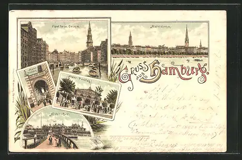 Vorläufer-Lithographie Alt-Hamburg, 1895, Restaurant Alster-Pavillon, Alster-Arcaden, Fleet beim Grimm