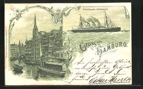 Lithographie Alt-Hamburg, Katharinenfleet mit Geschäft und Booten, Schnelldampfer Normannia in Fahrt