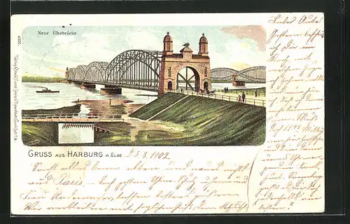 Lithographie Hamburg-Harburg a. Elbe, Neue Elbebrücke