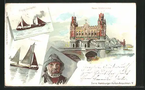 Künstler-AK Hamburg-Harburg, Neue Elbbrücke, Fischdampfer, Fischewer