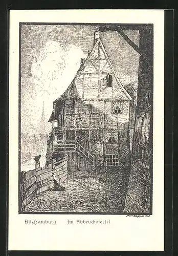 Künstler-AK Alt-Hamburg, Im Abbruchviertel und Mann mit Hund