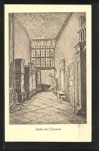 Künstler-AK Alt-Hamburg, Diele im Cremon