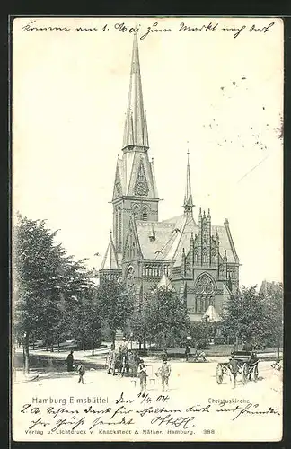 AK Hamburg-Eimsbüttel, Christuskirche mit Pferdewagen