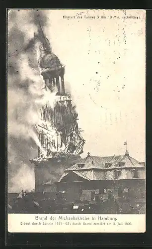 AK Hamburg-Neustadt, Brand der Michaeliskirche, Erbaut 1751-62, Durch Brand zerstört 1906, Einsturz des Turmes