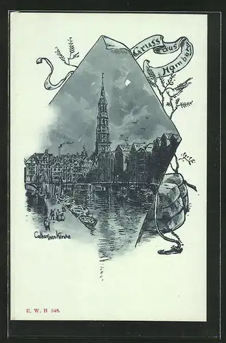 Künstler-AK Alt-Hamburg, Katharinenkirche bei Mondschein