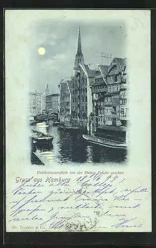 Mondschein-AK Alt-Hamburg, Deichstrassenfleet von der Hohen Brücke gesehen