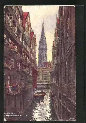 Künstler-AK Erpaco-Kunstverlag Nr. 1: Alt-Hamburg, Steckelhörnfleet mit Kirche & Boot