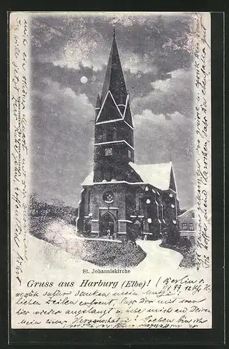 Mondschein-AK Hamburg-Harburg, St. Johanniskirche im Schnee