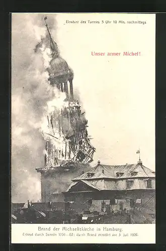 AK Hamburg-Neustadt, Brand der Michaeliskirche, Erbaut 1751-62, Durch Brand zerstört 1906, Einsturz des Turmes