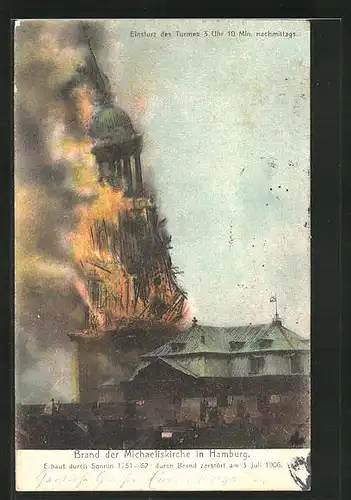 AK Hamburg-Neustadt, Brand der Michaeliskirche, Erbaut 1751-62, Durch Brand zerstört 1906, Einsturz des Turmes