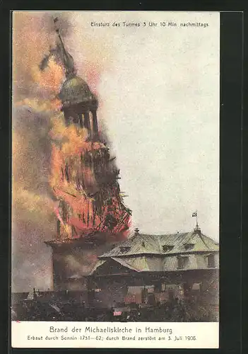 AK Hamburg-Neustadt, Brand der Michaeliskirche, Erbaut 1751-62, Durch Brand zerstört 1906, Einsturz des Turmes