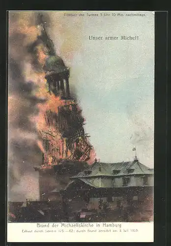 AK Hamburg-Neustadt, Brand der Michaeliskirche, Erbaut 1751-62, Durch Brand zerstört 1906, Einsturz des Turmes