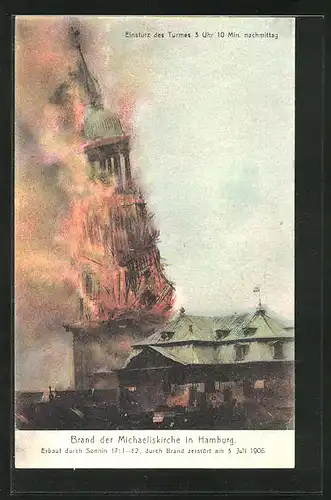 AK Hamburg-Neustadt, Brand der Michaeliskirche, Erbaut 1751-62, Durch Brand zerstört 1906, Einsturz des Turmes