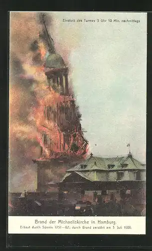 AK Hamburg-Neustadt, Brand der Michaeliskirche, Erbaut 1751-62, Durch Brand zerstört 1906, Einsturz des Turmes