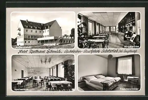 AK Adelsried bei Augsburg, Hotel Rasthaus Schmid, Innenansichten Bürgerstube, Speiseraum und Fremdenzimmer
