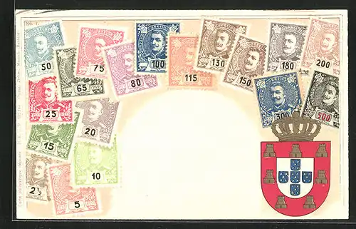 AK Briefmarken aus Portugal, Wappen