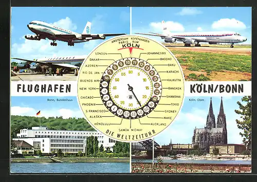 AK Köln, Flughafen Köln /Bonn, Weltzeituhr, Dom