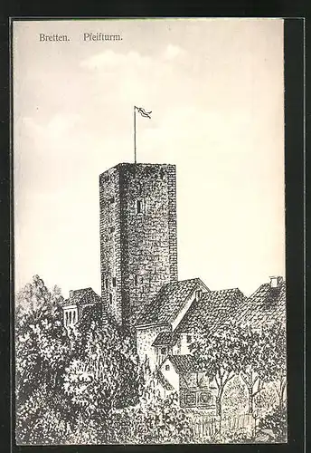 Künstler-AK Bretten, Pfeifturm hinter Bäumen