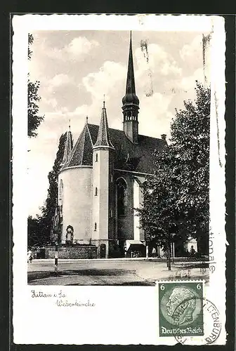 AK Zittau i. Sa., Weberkirche mit Passanten