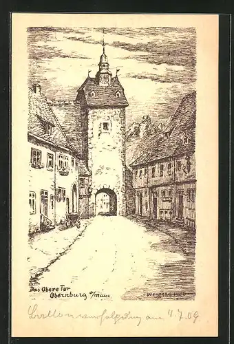Künstler-AK Obernburg, Strassenpartie mit oberem Tor