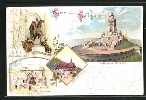 Lithographie Kyffhäuser, Gasthaus, Kyffhäuserdenkmal, Reiterstandbild