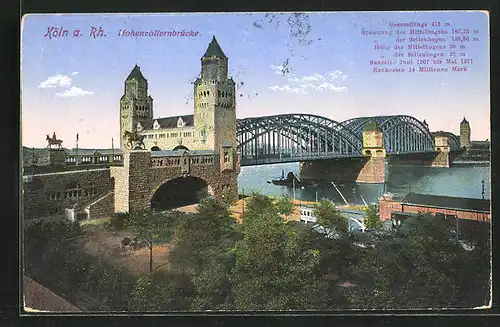 AK Köln, Hohenzollernbrücke mit Grünanlage
