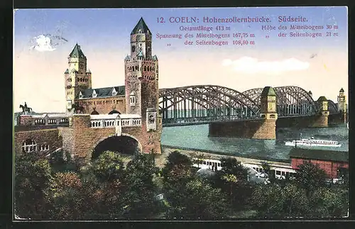 AK Köln, Südseite der Hohenzollernbrücke