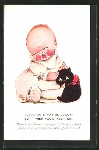 Künstler-AK Mabel Lucie Attwell: Black cats may be lucky - but i wish you`d keep `em!