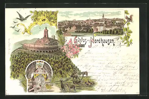 Lithographie Nordhausen, Blick auf die Stadt, Kyffhäuser-Denkmal