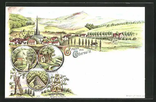 Lithographie Oberaula, Nöll, Fischteiche, Bergmanns Thurm, Panorama