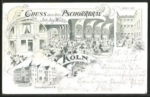 Lithographie Köln, Gasthaus Pschorrbräu, Burghöfchen Ecke Hohe Strasse