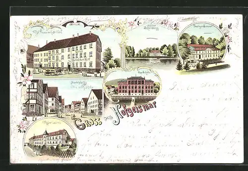 Lithographie Hofgeismar, Hotel Hessischer Hof, Prediger Seminar, Offizier Casino, Marktplatz
