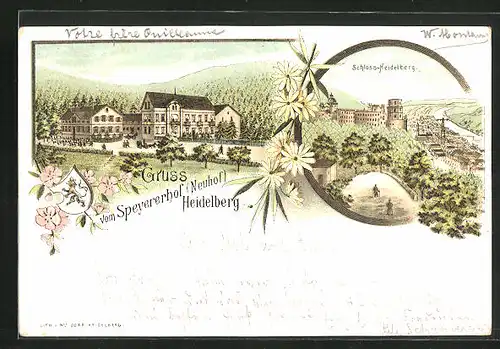 Lithographie Heidelberg, Gasthaus Speyrerhof, Panorama mit Schloss