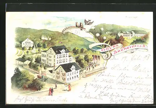 Lithographie Seeheim a. d. B., Hotel Hufnagel aus der Vogelschau