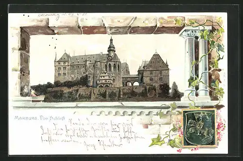 Passepartout-Lithographie Marburg, Blick zum Schloss, Wappen