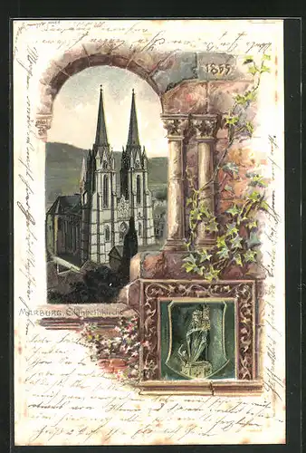Passepartout-Lithographie Marburg, Elisabethkirche durch ein Fenster betrachtet, Wappen