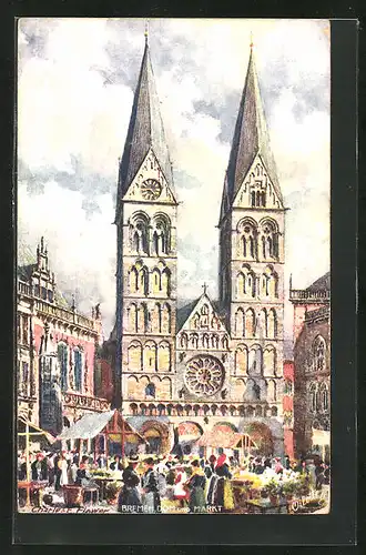 Künstler-AK Charles F. Flower: Bremen, Markttreiben am Dom