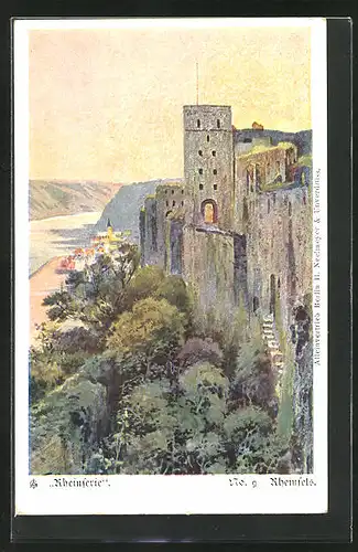 Künstler-AK St. Goar, Blick zur Ruine Rheinfels