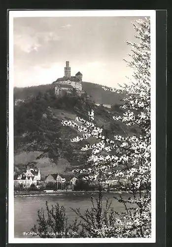 AK Braubach am Rhein, Ortsansicht im Frühling mit Marksburg