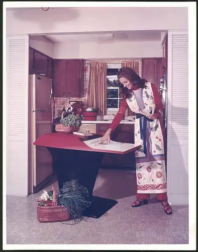 Fotografie Futuristische Küche, Hausfrau bedient Zentralsteuerung für die Küchengeräte, Grossformat 20 x 25cm