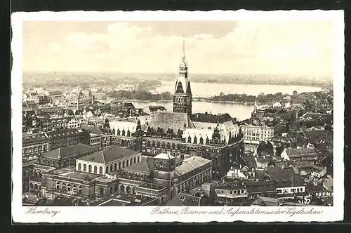AK Hamburg, Rathaus, Binnen- und Aussenalster aus der Vogelschau