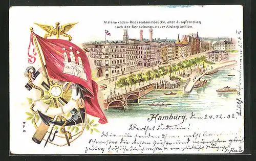 Lithographie Hamburg-Neustadt, Alsterarkaden, Reesendammbrücke, alter Jungfernstieg nach der Renovierung