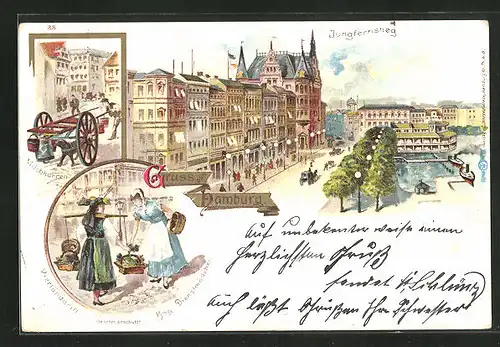 Lithographie Hamburg-Neustadt, Jungfernstieg, Michkarren, Vierländerin, Hbg. Dienstmädchen