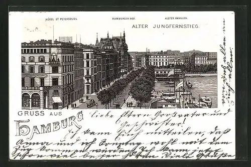 Lithographie Hamburg-Neustadt, Hotel St. Petersburg, Alter Jungfernstieg, Alsterpavillon