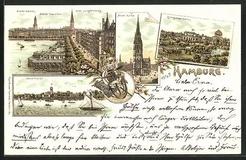 Lithographie Hamburg-Neustadt, Zoologischer Garten, Nicolai-Kirche, Alsterdamm, Uhlenhorst