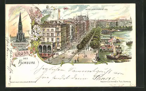 Lithographie Hamburg-Neustadt, Alter Jungfernstieg, Nicolai-Kirche